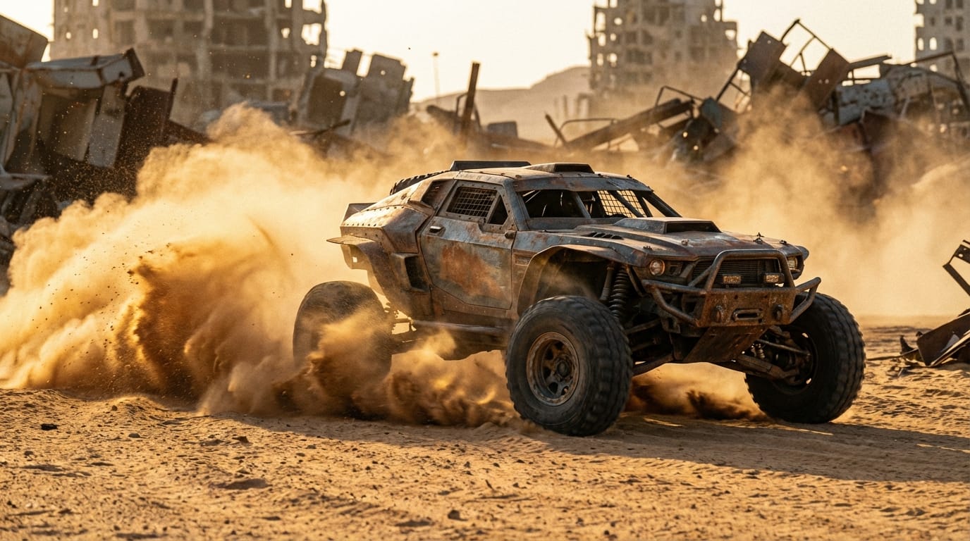 荒廃した未来の砂漠を疾走するオフロード車両。タイヤが巻き上げる砂埃がスローモーションで舞い上がり、太陽の逆光を受けて輝く。カメラは地面すれすれから車両を追いかけ、迫力のあるアングルで捉える。エンジンの轟音と風を切る音が激しく鳴り響く。