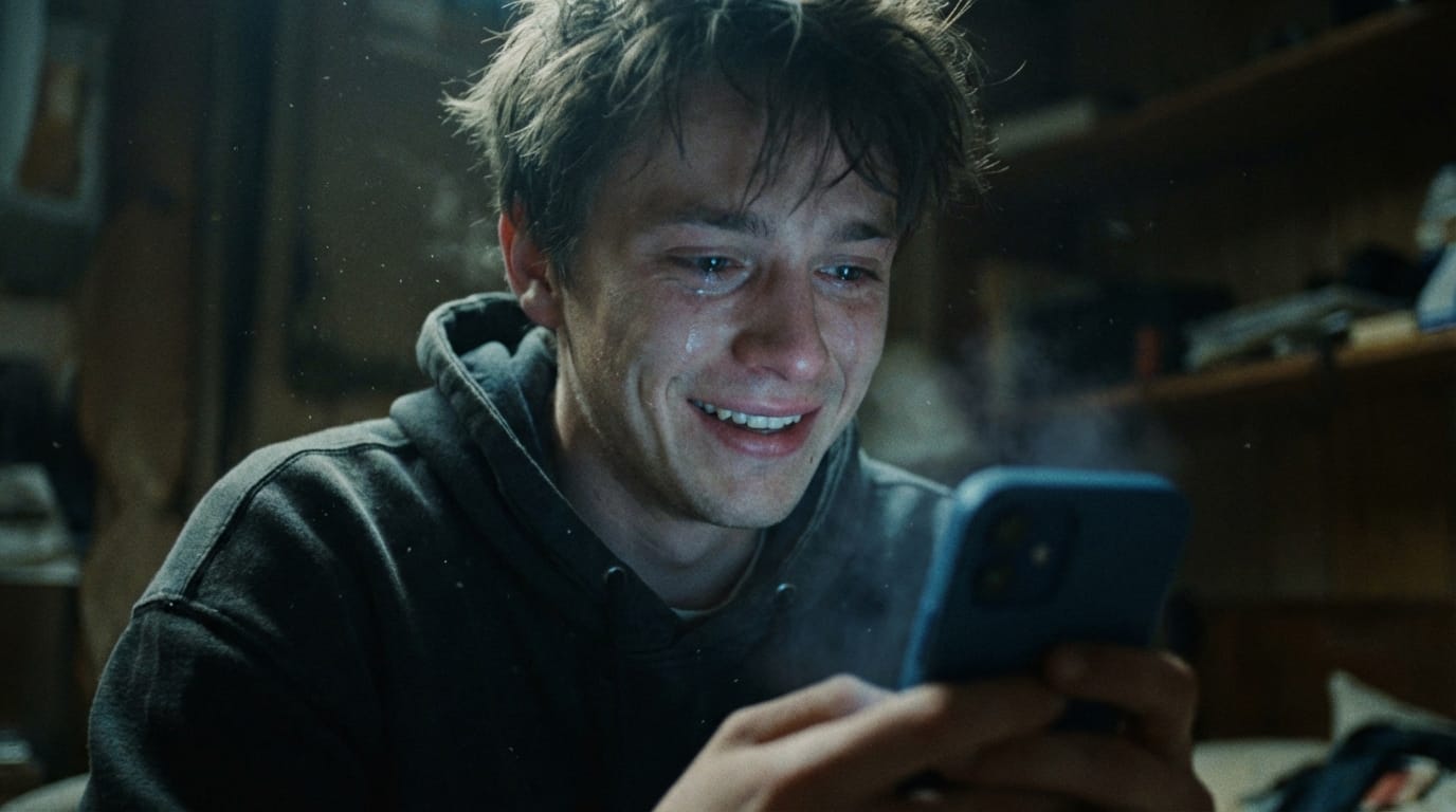 薄暗い部屋で、スマートフォンの画面の光だけが若い男性の顔を照らしている。彼はメッセージを読みながら、最初は驚き、次第に喜びの涙を浮かべて微笑む。彼の息遣いと、衣服が擦れるわずかな音が聞こえる。映画のようなクローズアップショット。