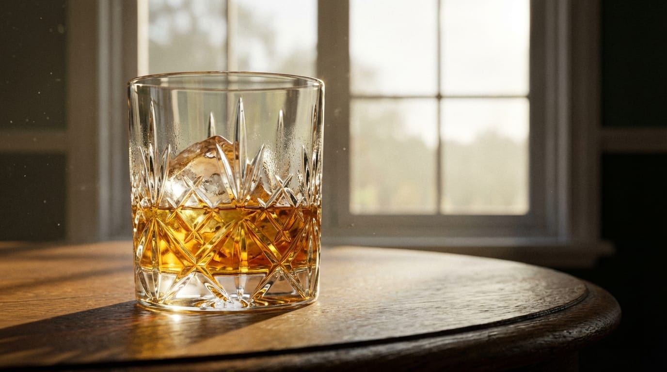高級な木製のテーブルの上に置かれたウイスキーグラス。大きな窓から差し込む午後の柔らかい光がグラスを照らし、琥珀色の液体が美しく輝いている。カメラはグラスの周りをゆっくりと旋回する。氷が溶けてカランと鳴る音と、静かな部屋の環境音が響く。