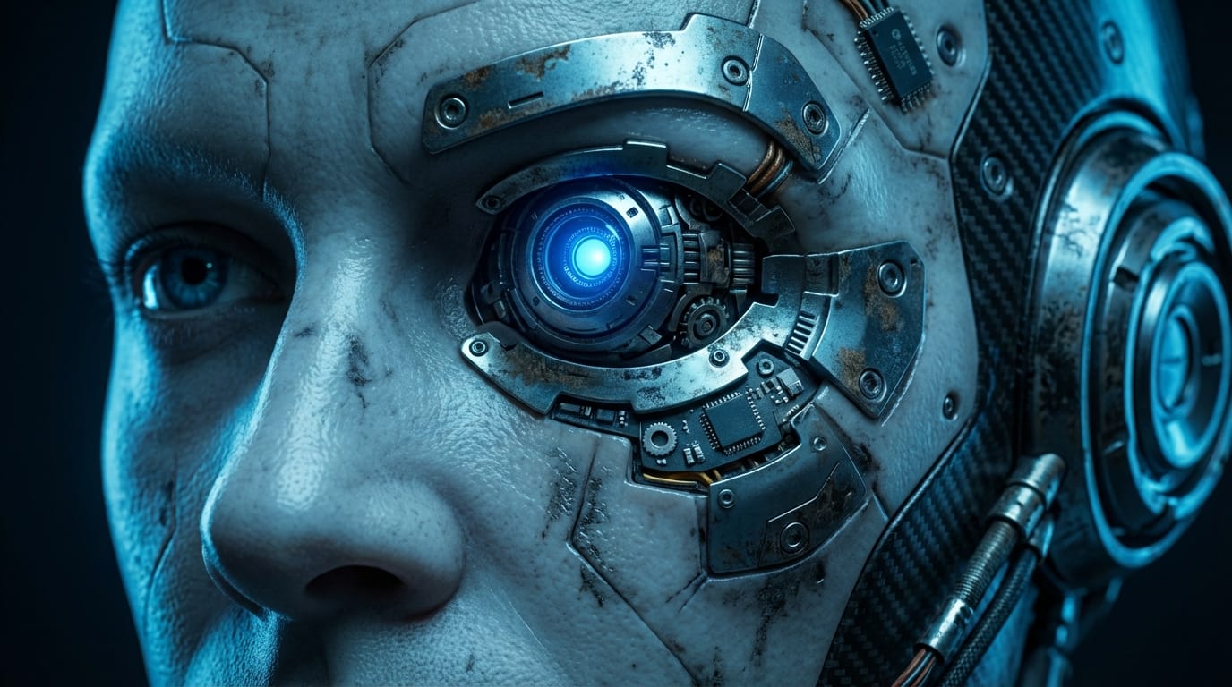 Close-up portrait of a futuristic cyborg character, intricate mechanical parts on face, glowing blue optical sensor, cinematic studio lighting, highly detailed texture