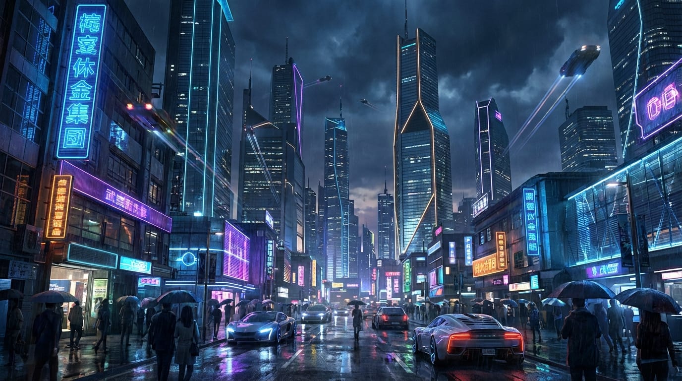 Cinematic sci-fi cityscape at night, neon lights reflecting on wet pavement, towering futuristic skyscrapers, highly detailed, 8k resolution, photorealistic