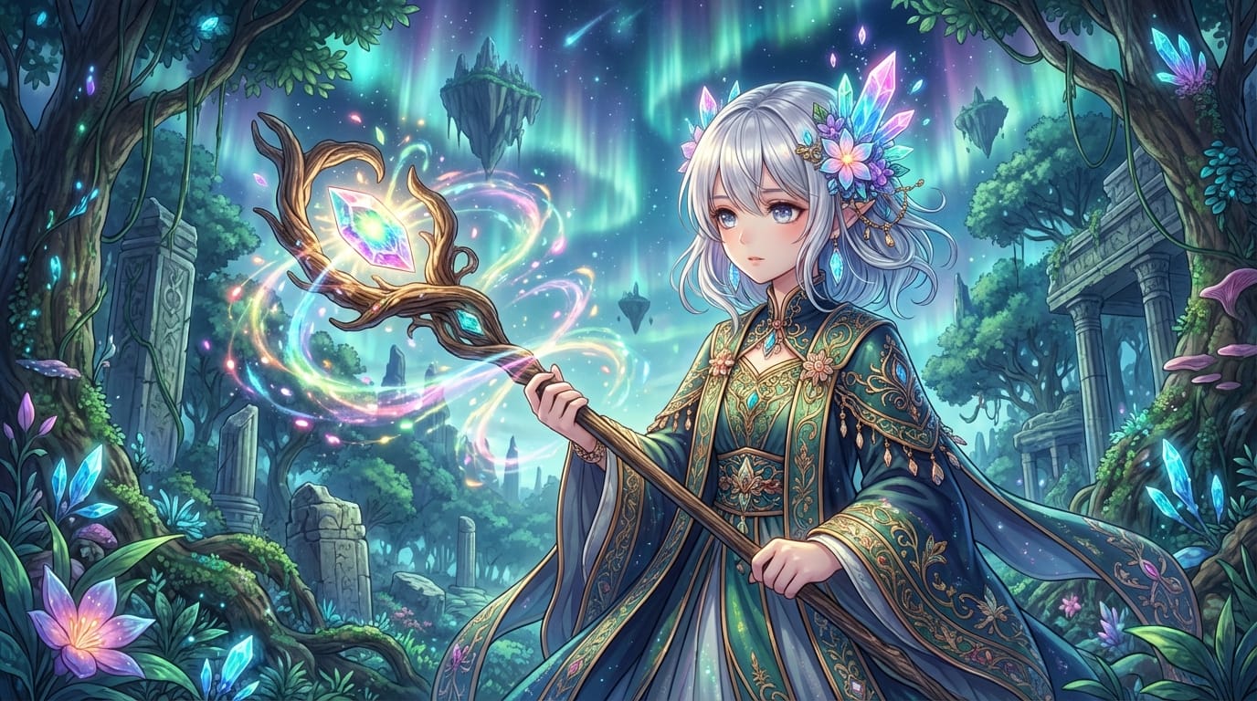 魔法の杖を持つ銀髪の少女、ファンタジー世界、精細な背景、近年の人気作品に見られる繊細な画風、色鮮やかな光の表現、傑作、高画質 --niji 6