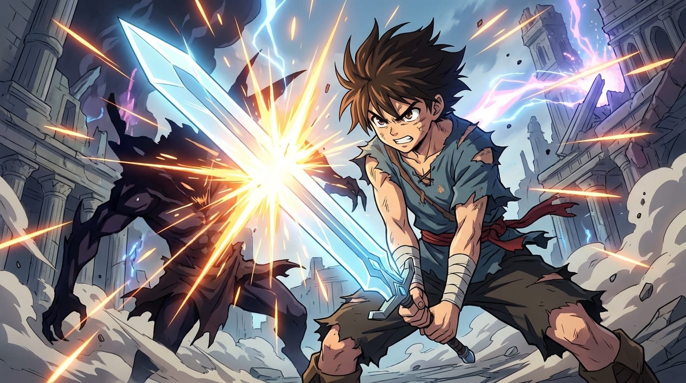 剣を構える少年の戦闘シーン、シャープな線画、アニメ調ならではの光の表現、ダイナミックなアングル、エフェクト、高解像度 --niji 6