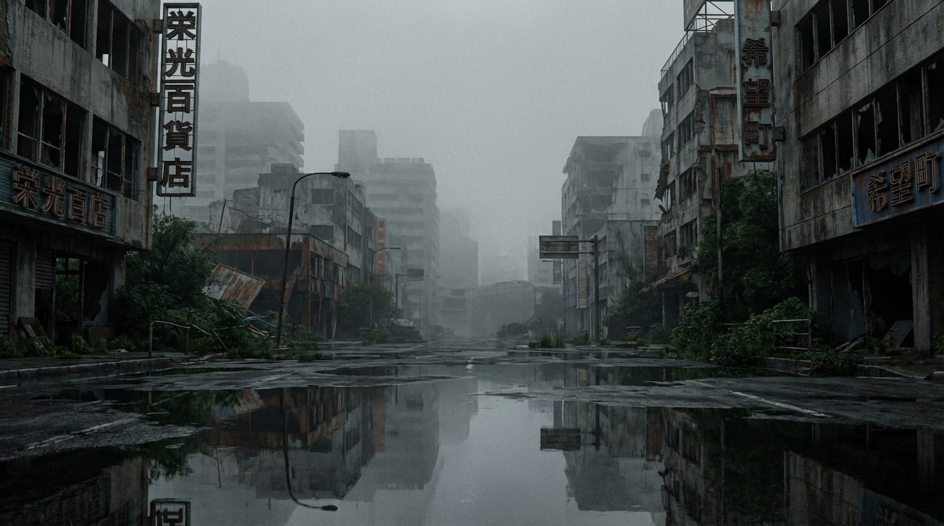 霧に包まれた廃墟の街、雨上がり、水たまりに反射する灰色の空、退廃的な雰囲気、彩度を抑えたカラーパレット、シネマティックな構図、高品質なイメージアート