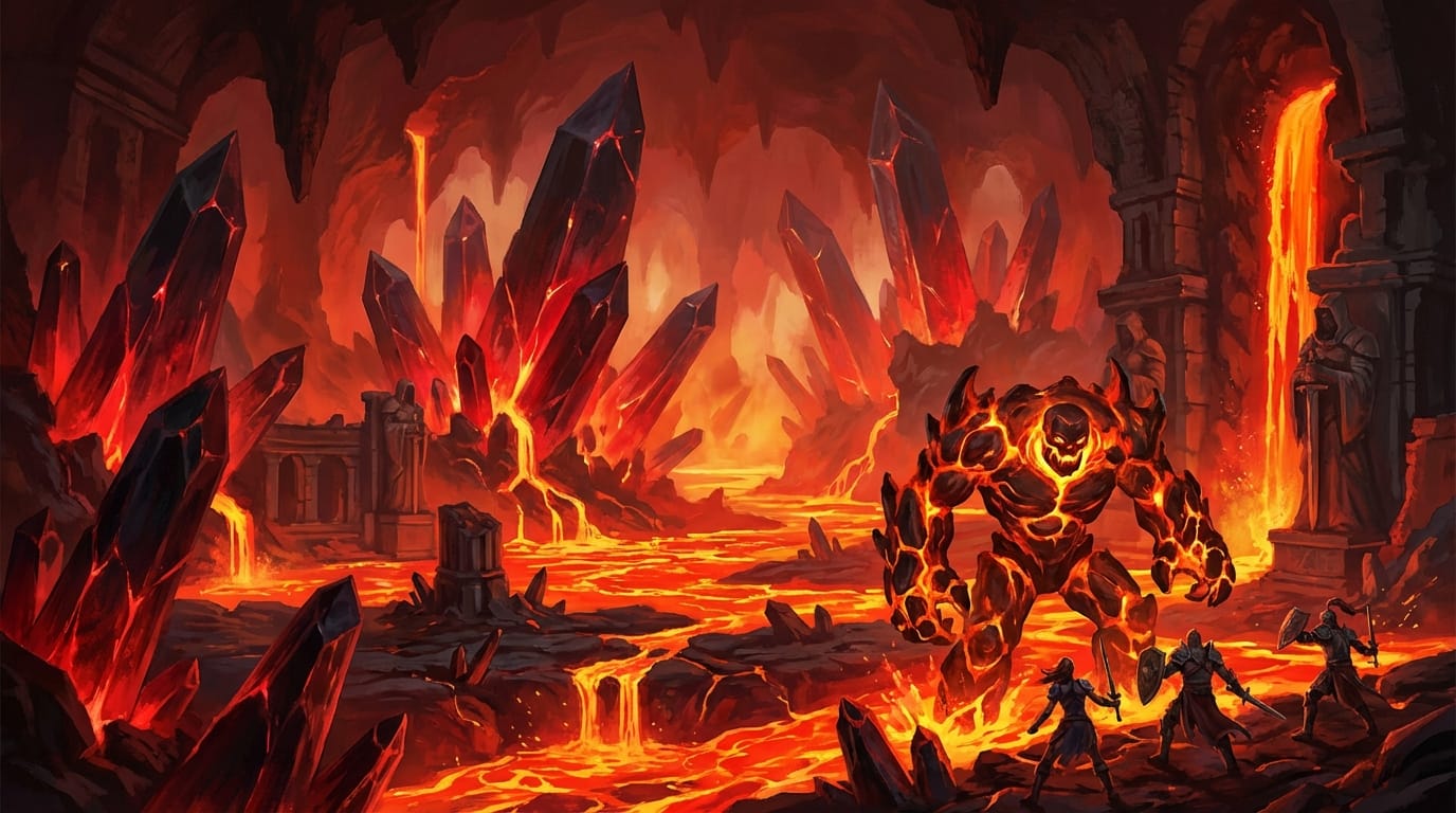 溶岩が流れ出る地下の巨大な洞窟、黒曜石の結晶が光る、熱気を感じる赤いライティング、広大な戦闘エリア、ファンタジーRPGのボス戦の背景、重厚な塗り、シャープなディテール