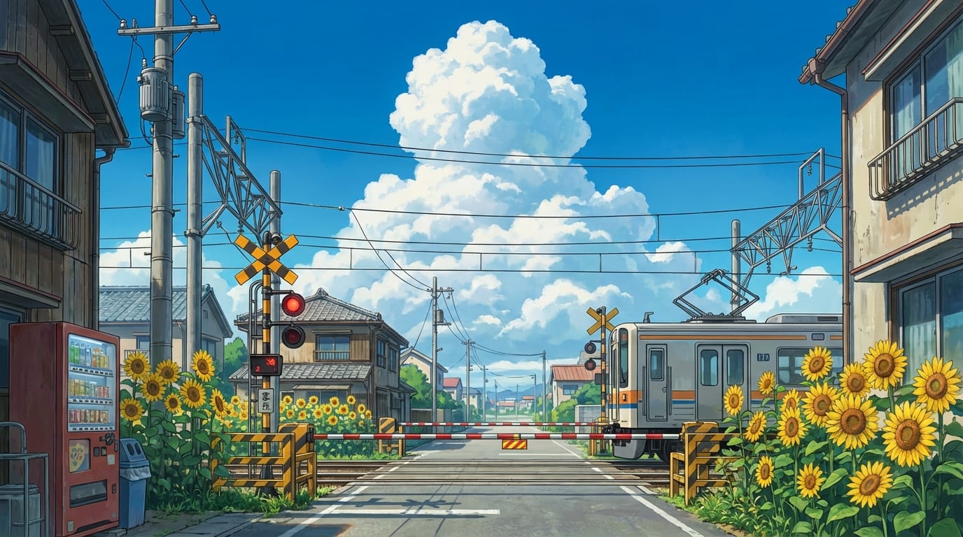 現代の日本の郊外にある踏切、夏の青空と入道雲、踏切の遮断機、周囲に咲く向日葵、鮮やかな色彩、繊細で緻密なアニメ調表現、ノスタルジックな日常風景のゲーム背景