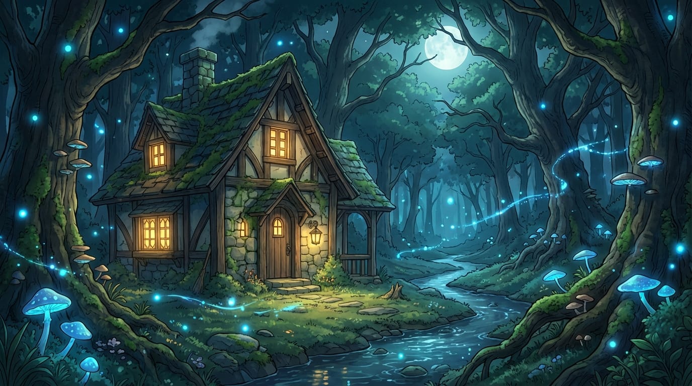 静かな森の中にある魔法使いの小屋、夜の風景、窓から漏れる暖かいランプの光、周囲を飛ぶ青い蛍、神秘的な夜の森、繊細なアニメ調表現、ゲーム背景素材
