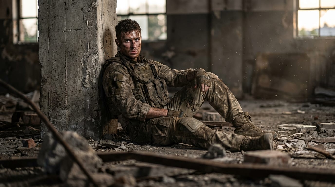 廃墟となったコンクリートの建物の中、激しい戦闘を終えて息を切らす戦士。衣服は破れ、顔や腕には泥の汚れが付着している。極端な疲労と鋭い眼差し。正確な人体構造、シネマティックな照明、手前のオブジェクトを使った前ボケ、被写界深度（ボケ量）を活かした実写的なリアルさ。