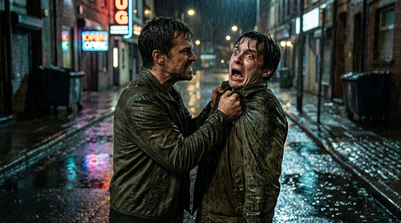 薄暗い路地裏で取っ組み合いの争いをする二人の人物。一人は相手の胸ぐらを掴み、もう一人は恐怖に歪んだ極端な表情を浮かべている。雨に濡れた衣服の質感、地面の水たまりに反射するネオンの光。感情表現の深みと表情のダイナミズム。