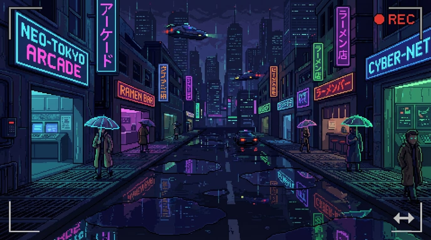 A 16-bit pixel art style video of a cyberpunk city street at night, neon lights reflecting on wet puddles, cinematic lighting, slow pan camera movement.