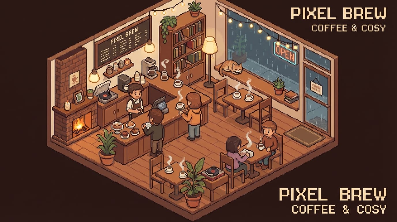 Isometric pixel art of a cozy coffee shop interior, warm lighting, highly detailed, lo-fi aesthetic, subtle animations of steam rising from cups.