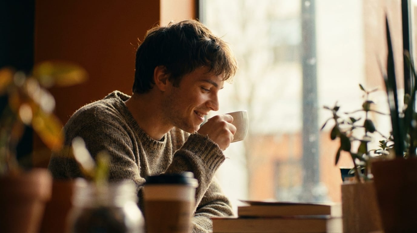 カフェの窓際でコーヒーを飲みながら微笑む若い男性、自然光、手前のオブジェクトを使った前ボケ、日常を描くインディーズ映画のワンシーン、温かみのあるカラーパレット、正確な人体構造