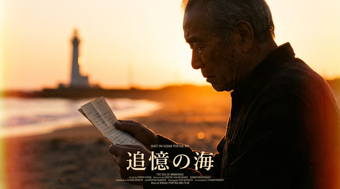 夕暮れの海辺で古い手紙を読む老人の横顔、オレンジ色の暖かい逆光、背景にぼやけた灯台、ノスタルジックな雰囲気、35mmフィルムカメラで撮影されたような実写感、映画のポスタービジュアル