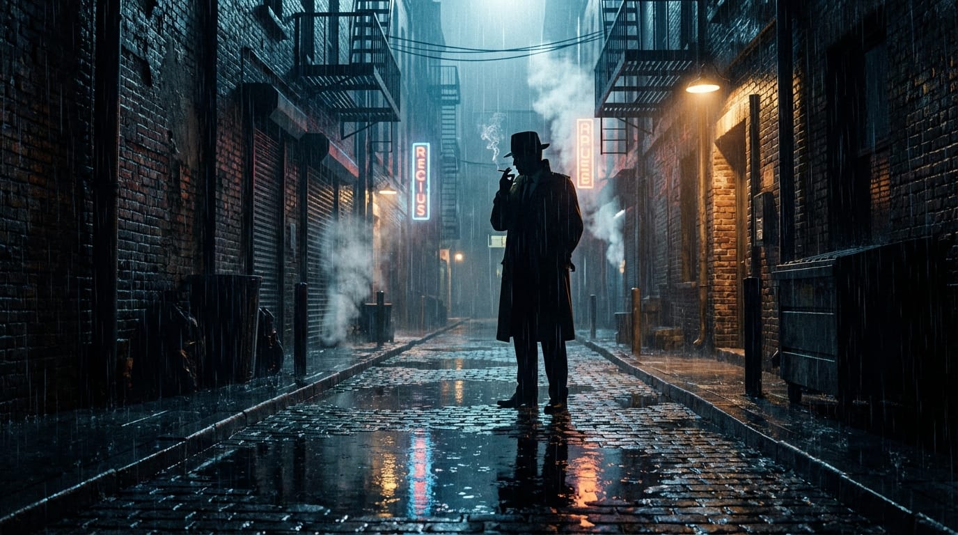 薄暗い路地裏に立つ探偵のシルエット、ネオノワール映画のスタイル、強いコントラストの照明、雨で濡れた路面に反射する街灯、サスペンス映画のワンシーン、重厚な雰囲気
