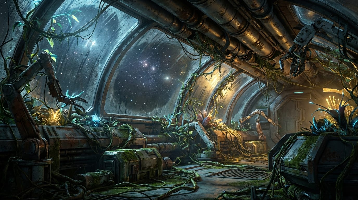 Abandoned greenhouse inside a spaceship, distant stars visible through the glass, fusion of plants and machinery, sci-fi movie concept art, contrast between cold metal and green foliage, cinematic lighting
