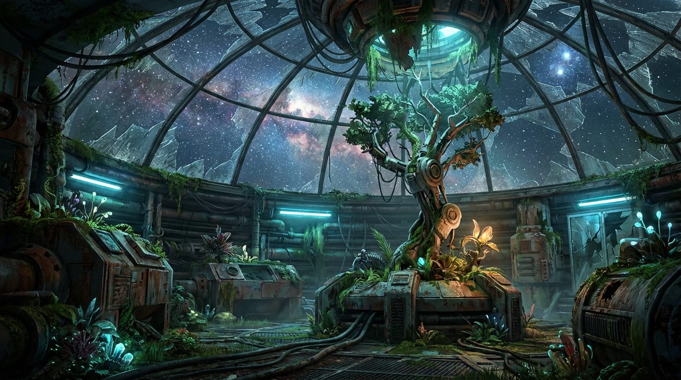 宇宙船の内部にある放棄された温室、ガラス越しに見える遠くの星々、植物と機械が融合した風景、SF映画のコンセプトアート、冷たい金属と緑のコントラスト、映画的な照明