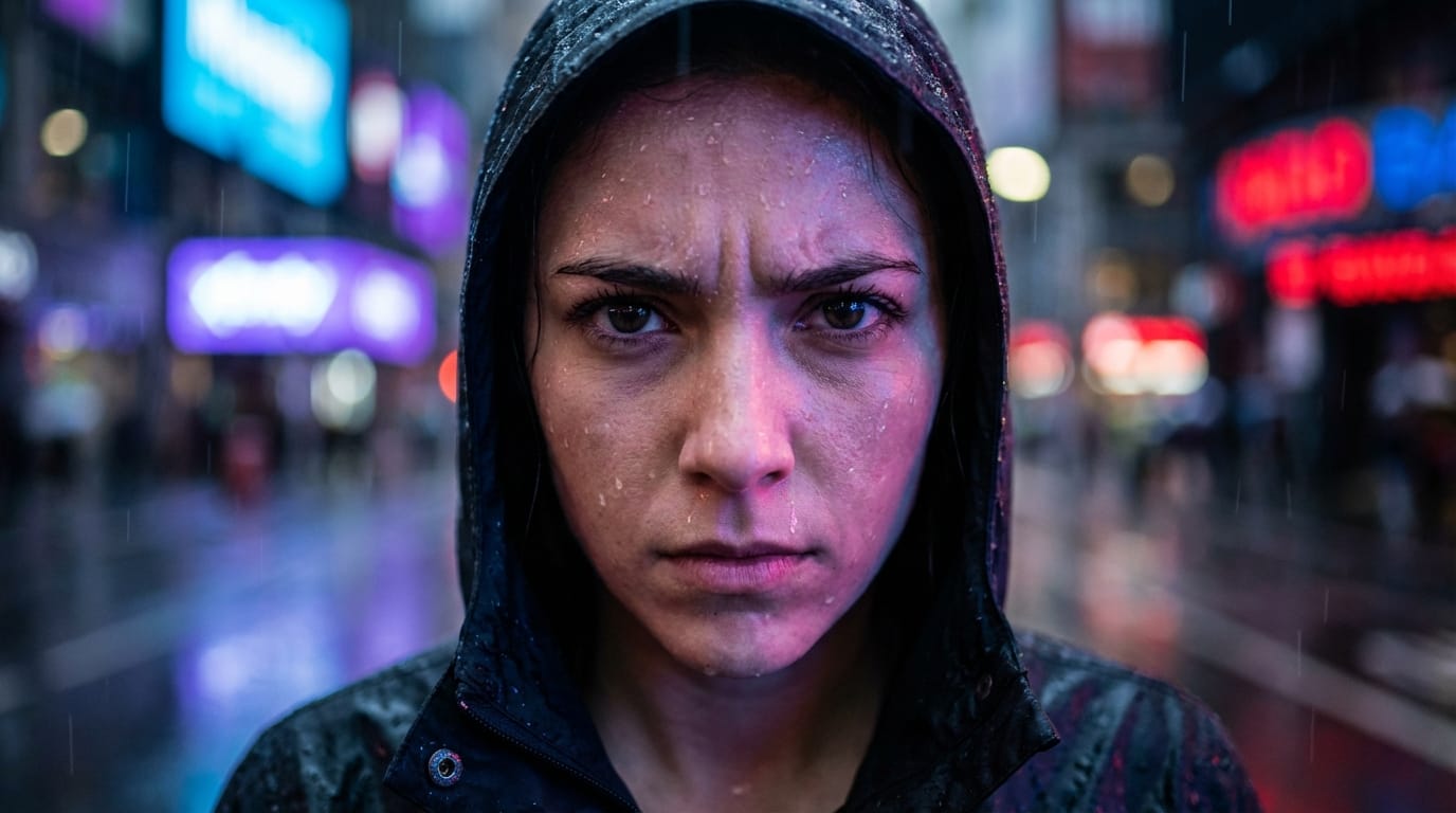 Close-up of a young woman standing in the rain with a determined expression, neon light reflections on her face, deep emotional expression and dynamic facial features, sharp eye details, cinematic composition, highly detailed