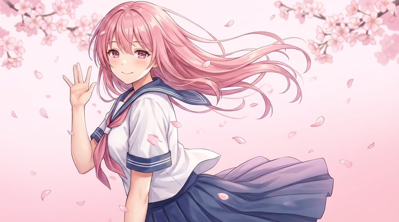 （参考画像を使用）このキャラクターがカメラに向かって微笑み、軽く手を振る。髪と服の裾が風で自然に揺れている。表情の表現力の深みとダイナミズム、滑らかな動き。