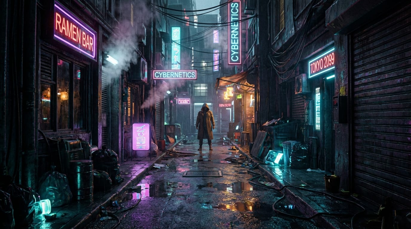 ネオンが輝くサイバーパンク風の路地裏。雨で濡れた地面に光が反射している。カメラはゆっくりと前進し、奥に立つフードを被った人物にズームしていく。実写的なリアルさ、映画のような照明、高画質。