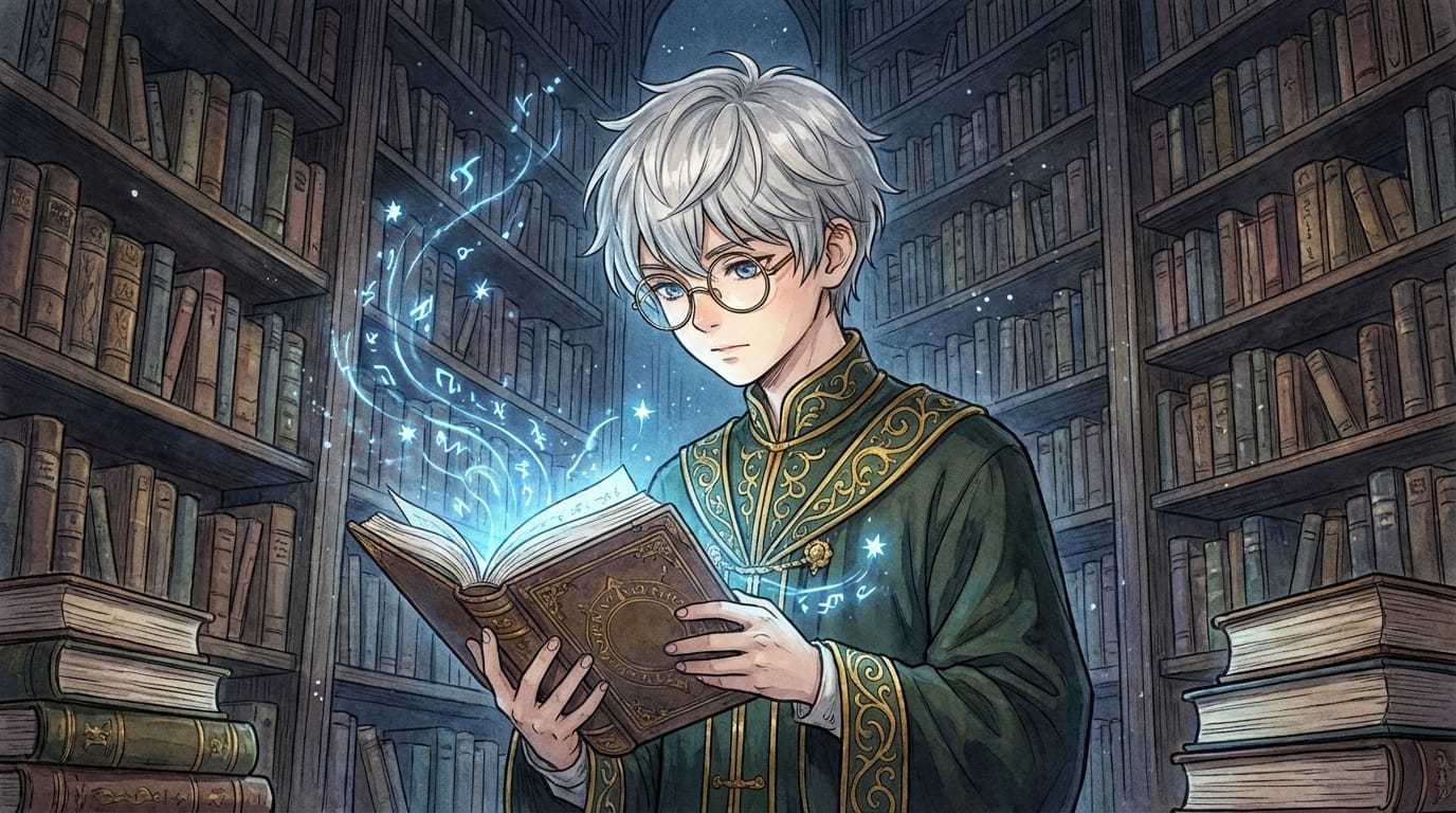 魔法学校の図書館で古い魔導書を読む銀髪の少年、アンティークな丸眼鏡、金色の刺繍が入ったローブ、静かな雰囲気、本から溢れる神秘的な青い光、背景に並ぶ無数の本棚、繊細なアニメ調表現