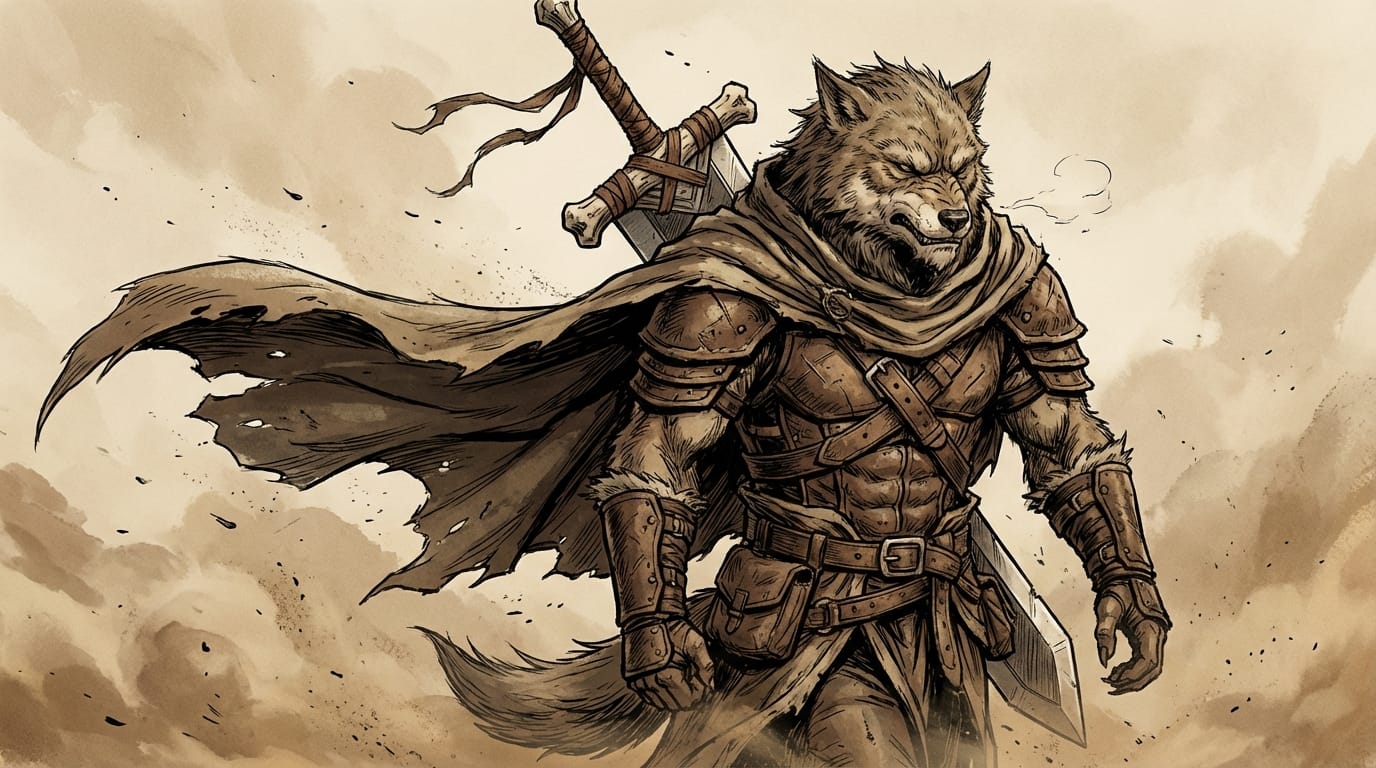 荒野を旅する獣人の剣士、風にたなびくマント、巨大な剣を背負っている、険しい表情、砂埃の舞う背景、シャープな線画、シネマティックな構図、手描き感のあるリッチな画風