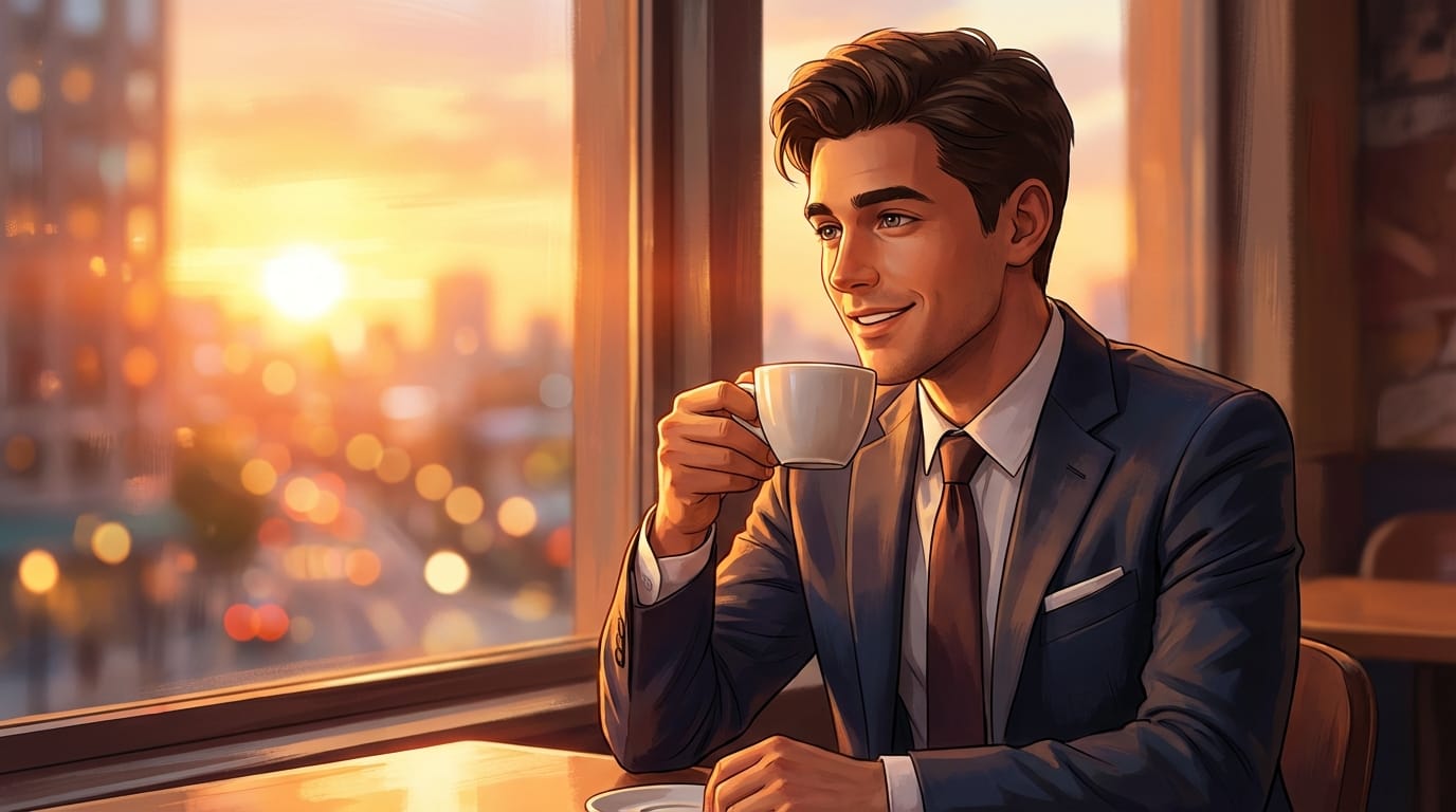 カフェの窓際でコーヒーを飲むスーツ姿の若い男性、夕暮れ時のオレンジ色の光、被写界深度による背景のボケ量、リラックスした表情、実写的なリアルさとアニメ表現の融合、高品質なイラスト