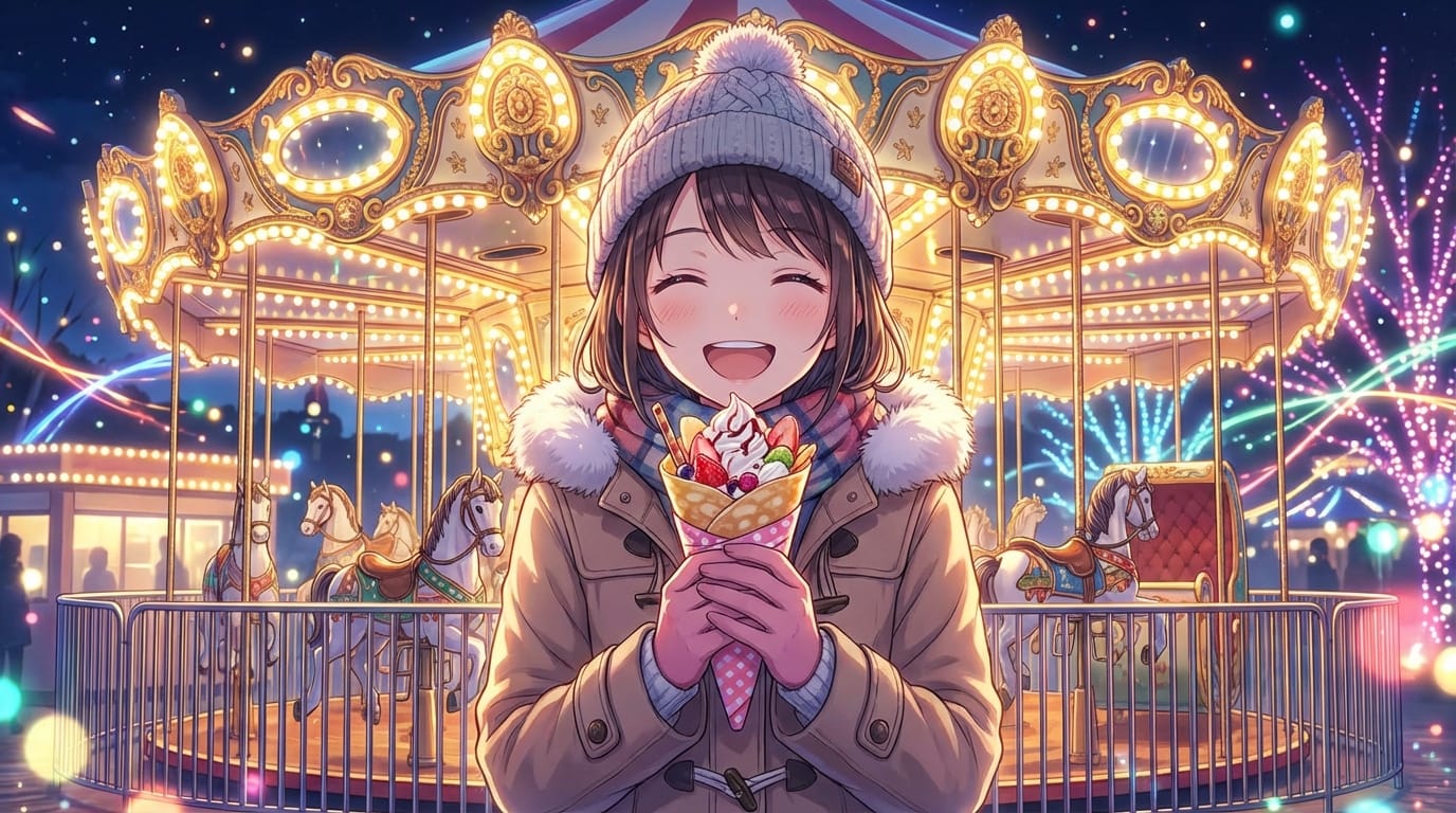 夜の遊園地でメリーゴーランドの前に立つ女の子、イルミネーションの光、楽しそうな笑顔、手にクレープを持っている、カラフルな照明、繊細で緻密なアニメ調表現