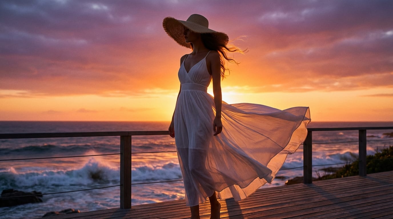 海辺のテラスで夕日を背景に佇む麦わら帽子を被った女性、風になびく白いサマードレス、オレンジと紫のグラデーションが美しい空、シネマティックな逆光、実写的なリアルさ、高品質なファッション写真のスタイル