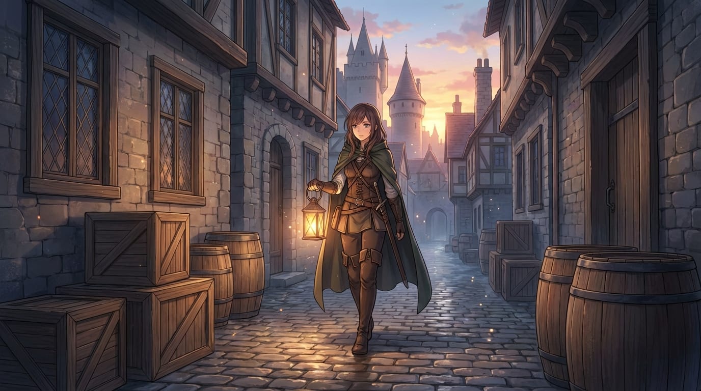 参照画像のキャラクターを中世ヨーロッパ風の石畳の路地に配置、夕暮れ時のランタンの柔らかい光、背景の小道具として木箱や樽、ファンタジーの世界観、繊細なアニメ調ならではの光の表現