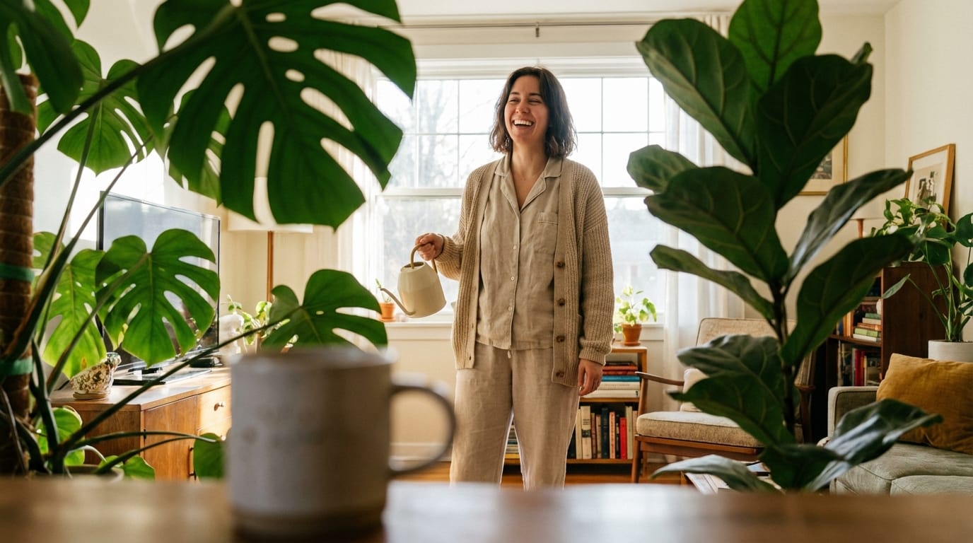 休日の朝、明るいリビングルームで観葉植物に水をやるリラックスした部屋着姿の人物、自然な笑顔、手前のオブジェクトを使った前ボケ、スマートフォンで撮影されたような親しみやすいスナップショットの雰囲気