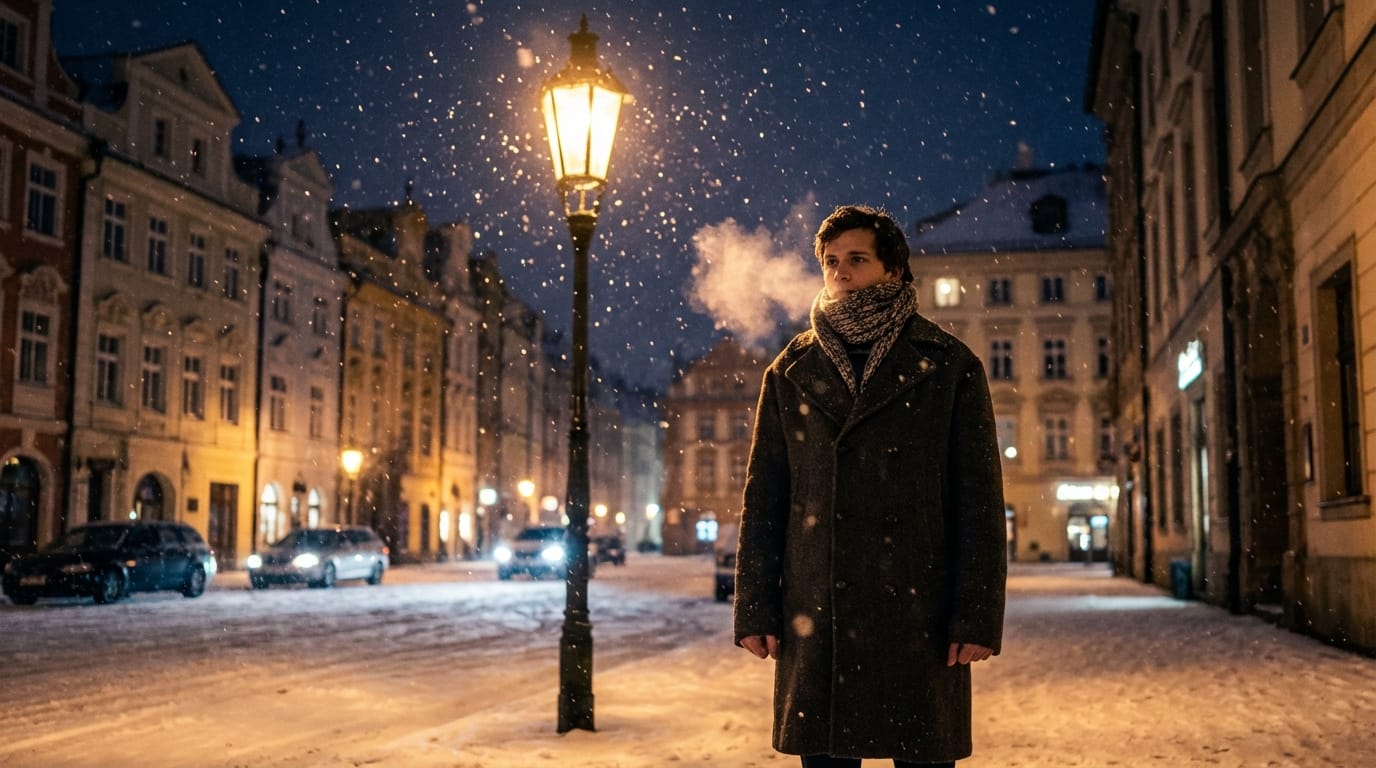 参照画像の構図を維持したまま、季節を冬に変更、雪が降る夜の街灯の下、厚手のウールコートとマフラーを着用、吐く息が白く見える、ドラマチックな照明、ディテールのシャープさと情報量