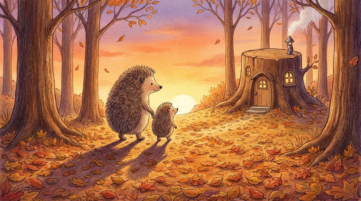 夕焼けに染まる秋の森、オレンジと紫のグラデーションの空、落ち葉の絨毯の上を家に向かって歩く親子のハリネズミ、影が長く伸びている、絵本向けの柔らかくノスタルジックなタッチ、静かで安心感のある風景