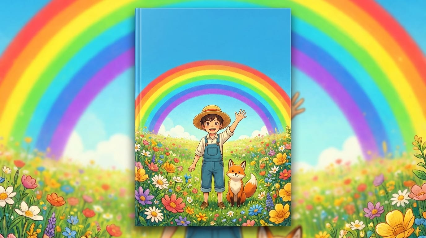 大きな虹がかかる花畑の真ん中で、笑顔で手を振る麦わら帽子の少年と小さなキツネ、絵本の表紙イラスト、タイトルを入れるための青空の余白、鮮やかで目を引く色彩、希望に満ちた明るい雰囲気、繊細で緻密なアニメ調表現