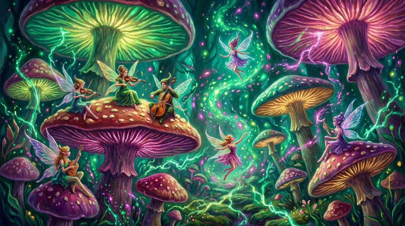 巨大な光るキノコの森の中、キノコの傘の上で演奏会を開く妖精たち、空中に舞う光の粒子、エメラルドグリーンとマゼンタの幻想的な色彩、手描き感のあるリッチな画風、画面全体に広がる魔法のエネルギー