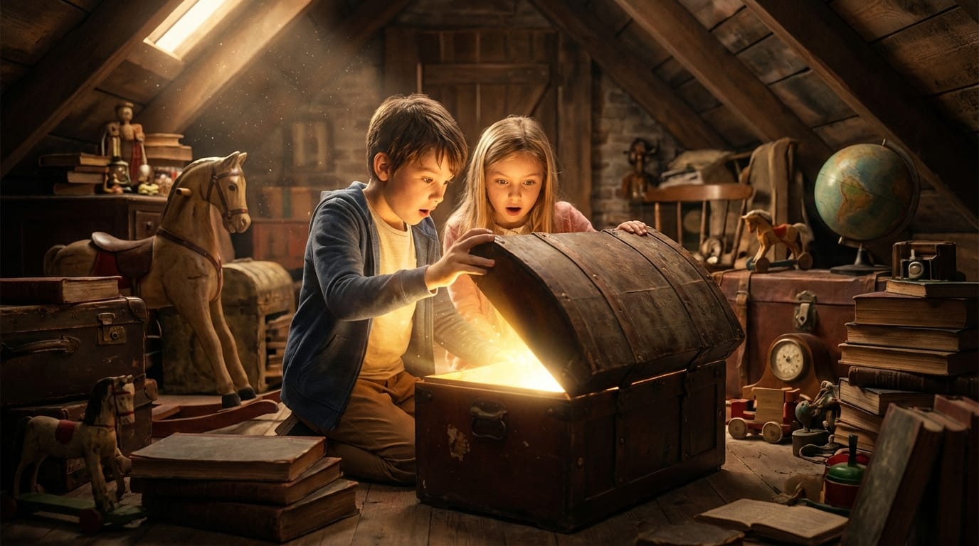 古い屋根裏部屋で、埃をかぶった大きな宝箱をそっと開ける二人の子供、箱の中から溢れ出す黄金の光が子供たちの驚いた顔を照らしている、周囲には古い本やアンティークのおもちゃ、ワクワクする冒険の始まり、温かみのある光と影の表現