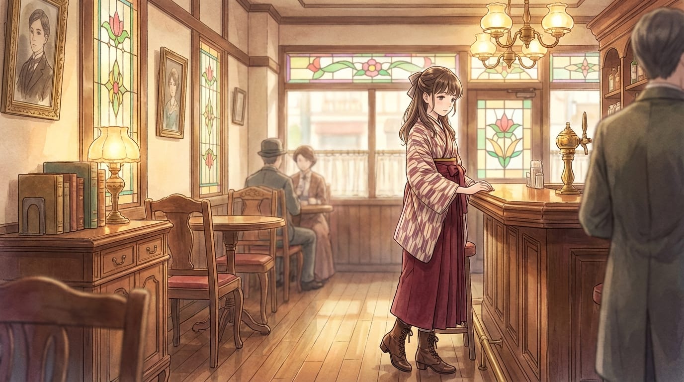A delicate anime illustration of a beautiful girl in Taisho Roman style, wearing a traditional kimono with a hakama and leather boots, standing in a retro Western-style cafe, stained glass windows, warm gas lamp lighting, nostalgic atmosphere, highly detailed --niji 7 --ar 16:9