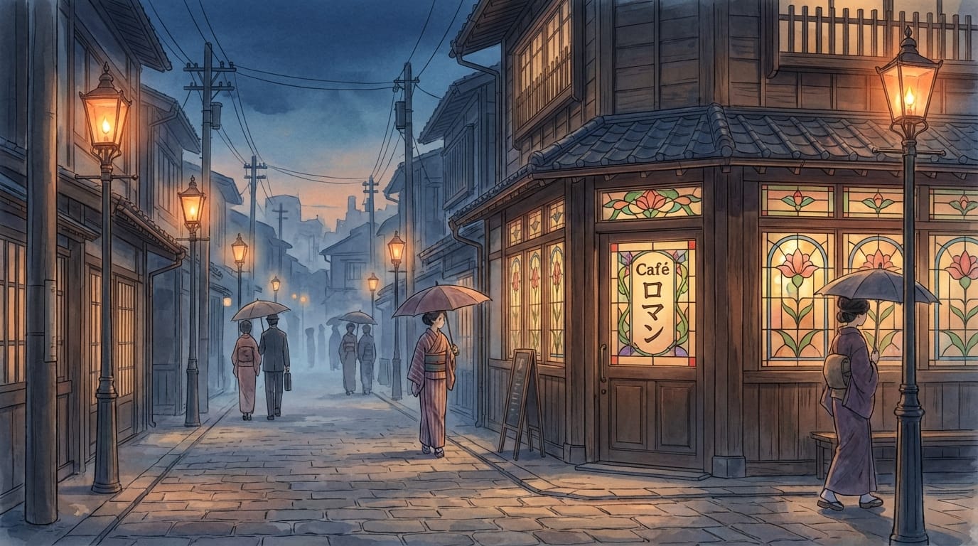 Concept art of a retro Japanese street in Taisho era, gas lamps illuminating the cobblestone path, a classic cafe with stained glass windows, delicate anime style background, melancholic evening atmosphere, high resolution --ar 16:9