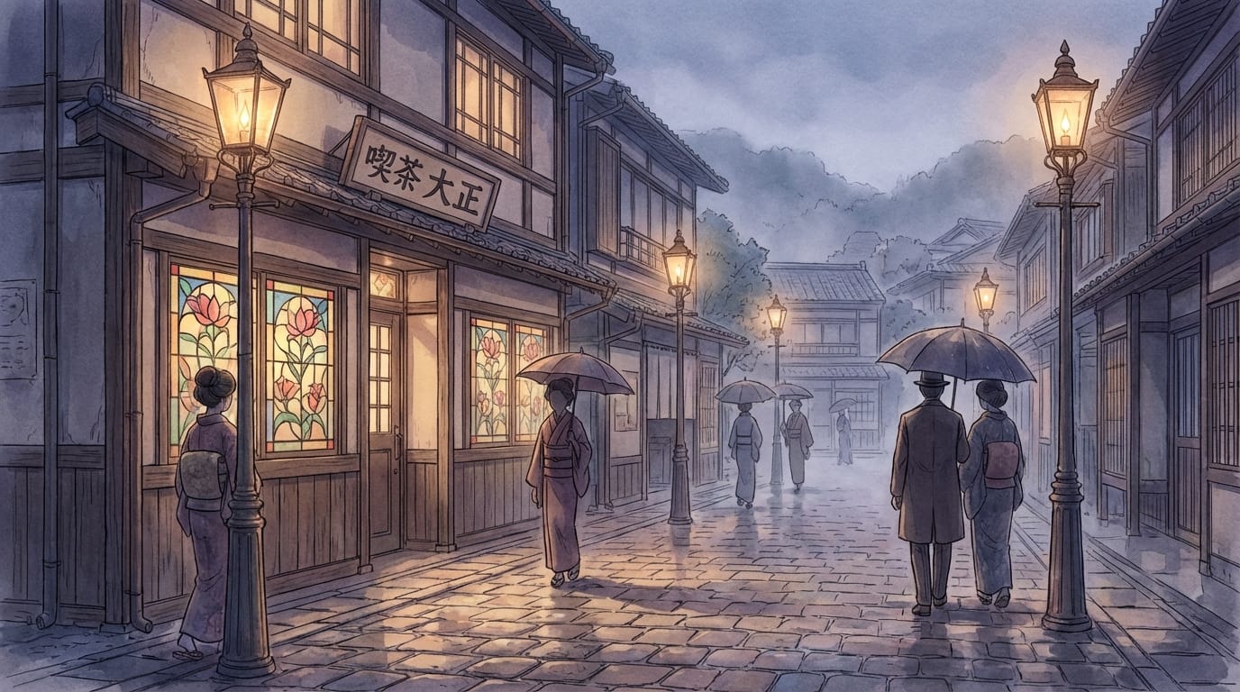 Concept art of a retro Japanese street in Taisho era, gas lamps illuminating the cobblestone path, a classic cafe with stained glass windows, delicate anime style background, melancholic evening atmosphere, high resolution --niji 7 --ar 16:9