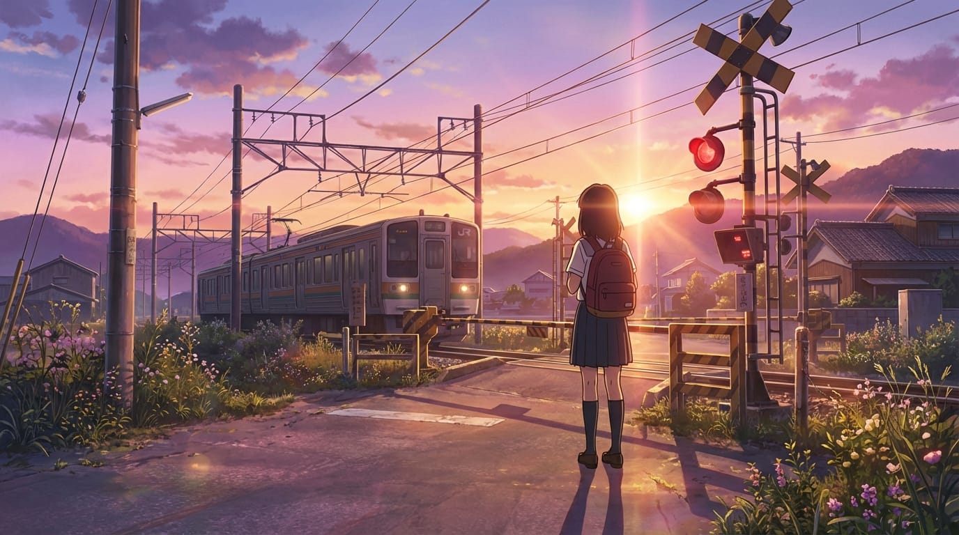 anime style, a young girl standing at a train crossing at sunset, highly detailed background, cinematic lighting, lens flare, vibrant colors, masterpiece, --ar 16:9 --niji 6