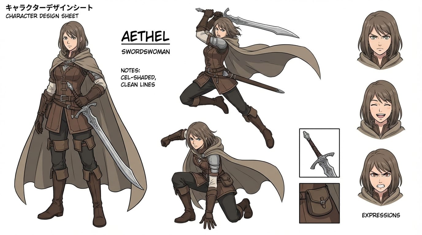 anime style character design sheet, a fantasy swordswoman, dynamic poses, multiple expressions, clean line art, cel shading, white background, --niji 6