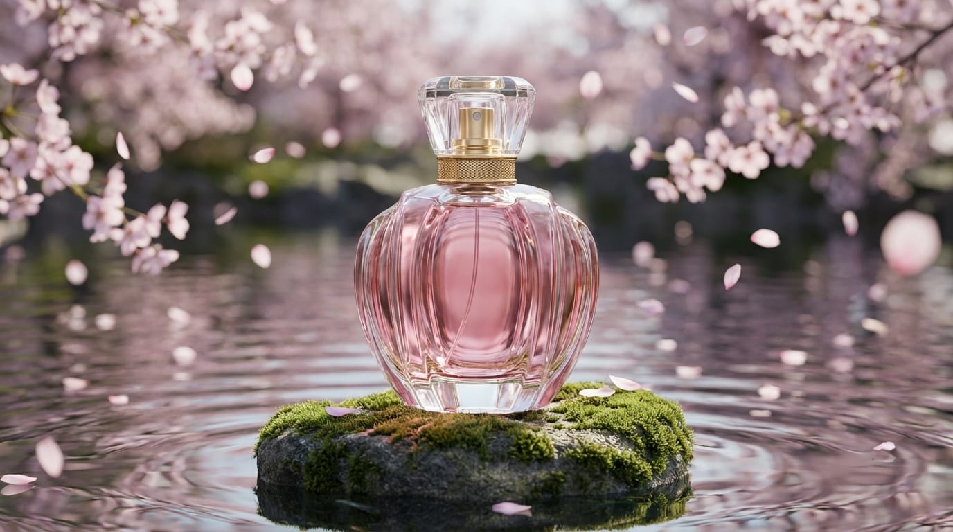 高級なガラス製の香水ボトル、背景は静かな水面と舞い散る桜の花びら、スタジオライティング、被写界深度（ボケ量）を活かしたシネマティックな構図、8k、フォトリアル
