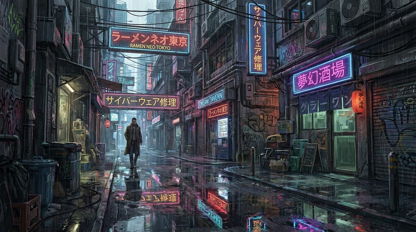 サイバーパンク都市の路地裏、ネオンサインの光、雨上がりの濡れた路面の反射、重厚な塗り、高精細なコンセプトアート、緻密な背景の小道具