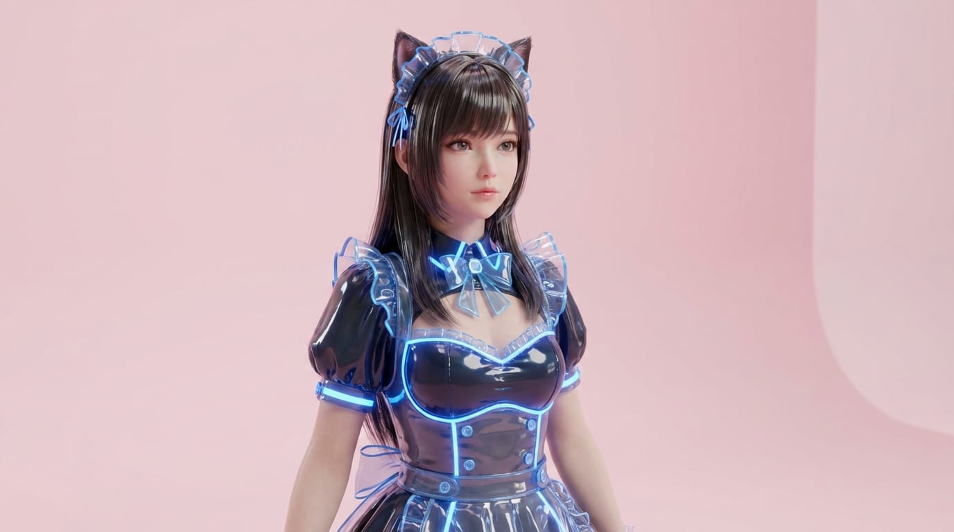 高品質な3Dレンダリング、サイバーメイド服を着た猫耳の女の子のアバター、青く光るアクセント、非常に詳細で艶やかな髪、柔らかいスタジオ照明、パステルピンクの背景、最高傑作