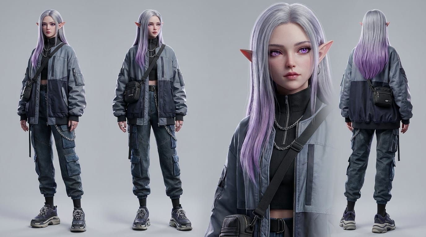 モダンなストリートウェアを着たエレガントなエルフのアバターの3Dキャラクターコンセプトアート、紫のグラデーションが入った銀髪、高精細な瞳、柔らかいリムライト、クリーンなグレーの背景、トレンドのファッションスタイル、ハイエンドな3Dレンダリング