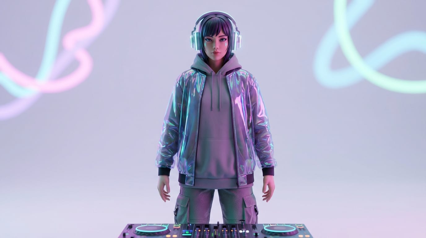 クールな女性DJのスタイリッシュな3Dアバター、オーバーサイズのヘッドホン、ネオンストリートファッション、鮮やかな色彩、光沢のあるプラスチックとマットな布のテクスチャ、柔らかい環境光、クリーンな背景、最高傑作