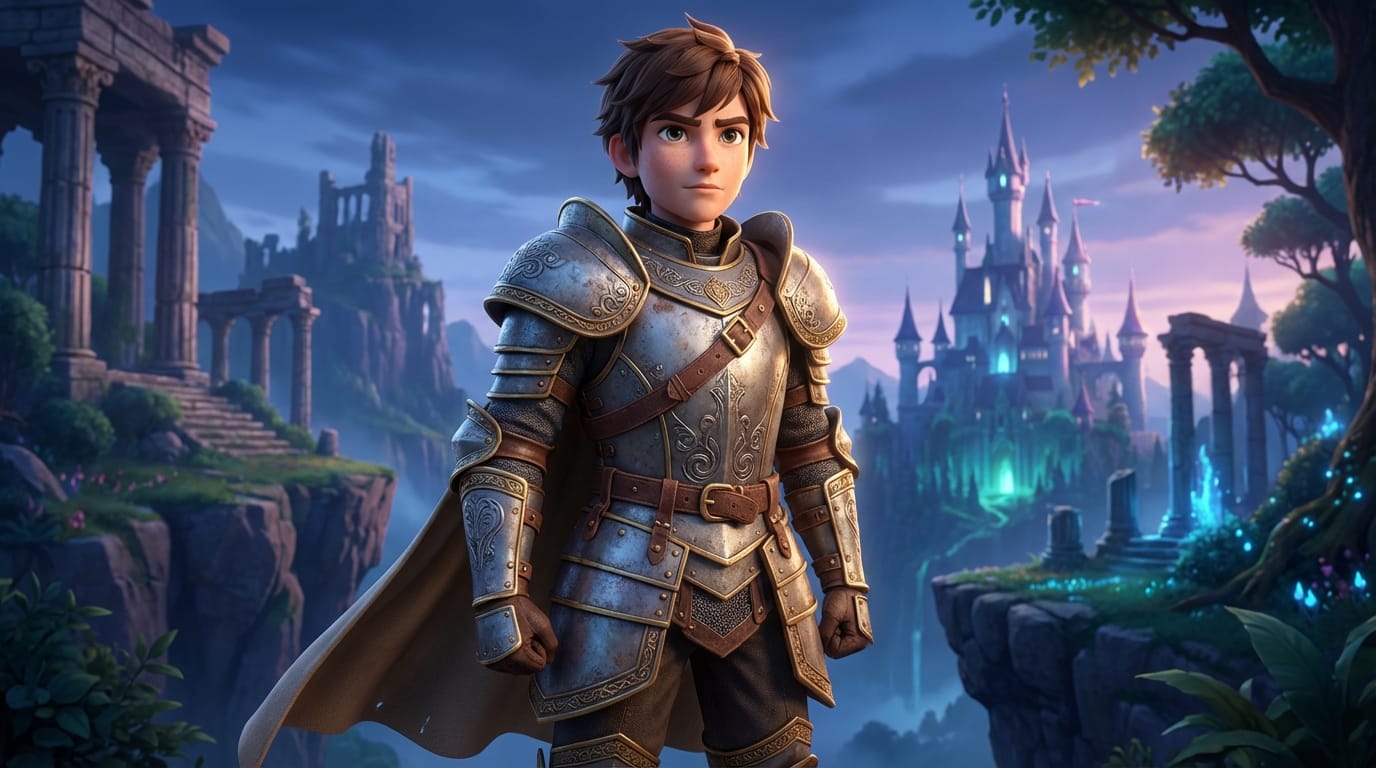 ファンタジーの騎士の鎧を着た少年の3Dアバター、詳細な金属のテクスチャ、柔らかいシネマティックな照明、壮大なファンタジーの雰囲気、非常に詳細、8k解像度、スタイリッシュな3Dアニメーションスタイル