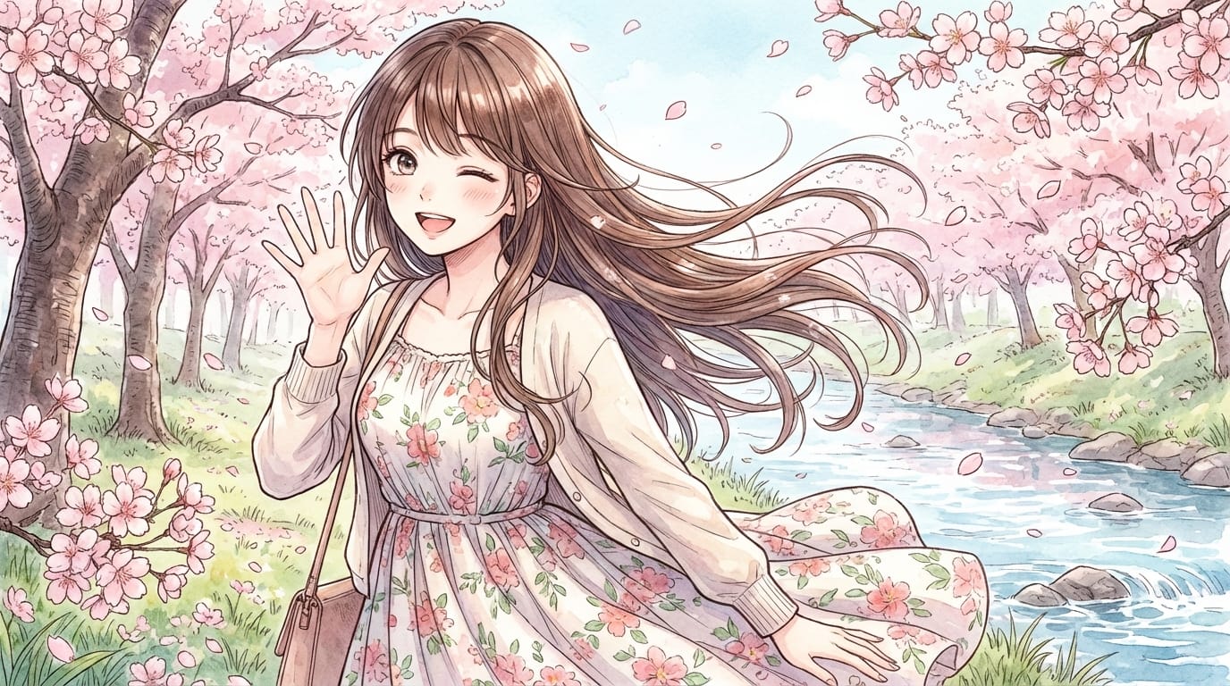 繊細で緻密なアニメ調表現の女性キャラクターが、カメラに向かってウインクし、軽く手を振る。髪と服が春の風に自然に揺れている。