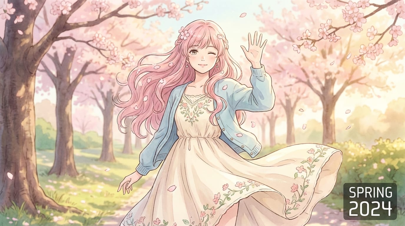 A female character in a delicate and detailed anime style, winking at the camera and waving lightly. Her hair and clothes are swaying naturally in the spring breeze.
