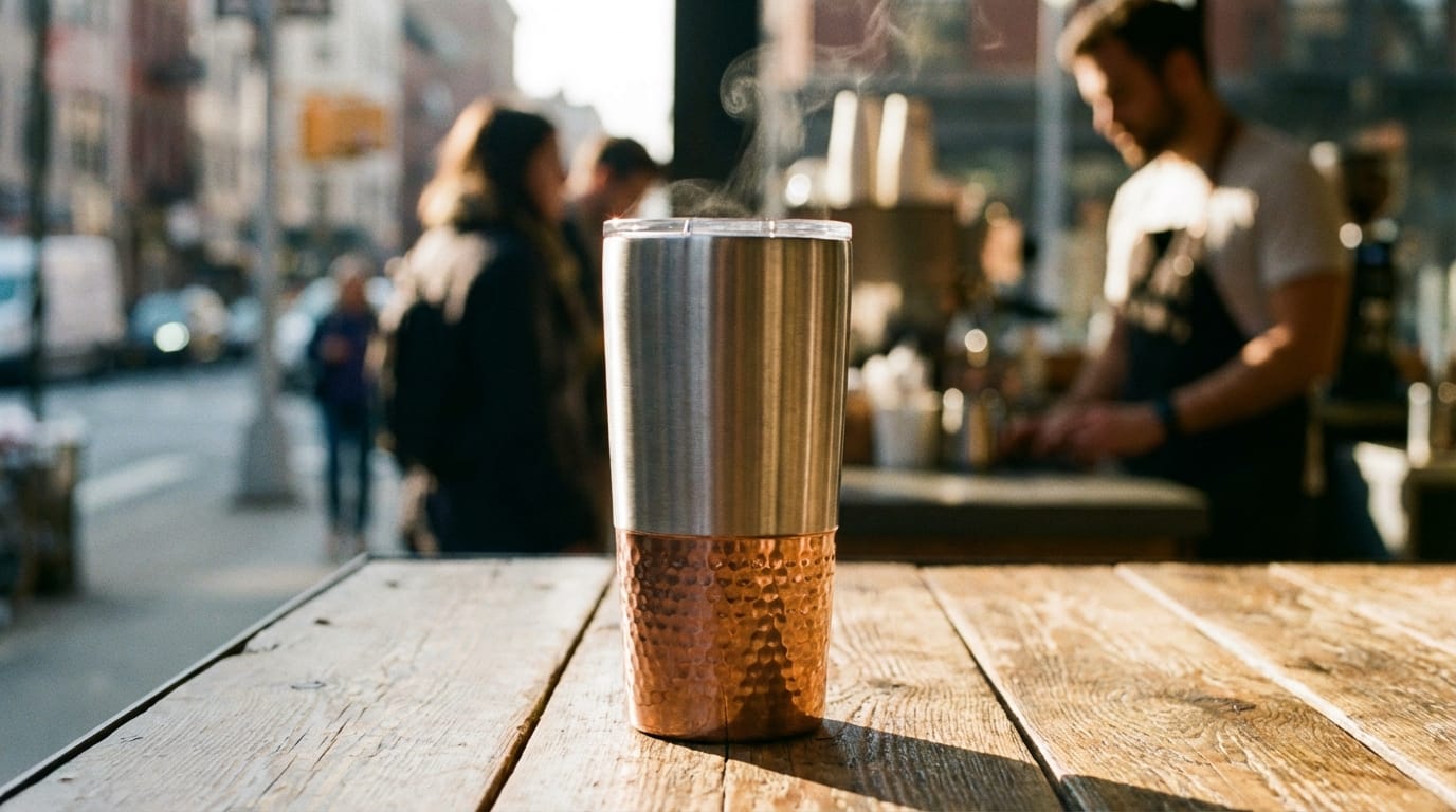 A stylish tumbler on a table in an urban cafe. Soft blurred background, morning sun reflecting on the metal surface of the tumbler. Cinematic footage with steam slowly rising.