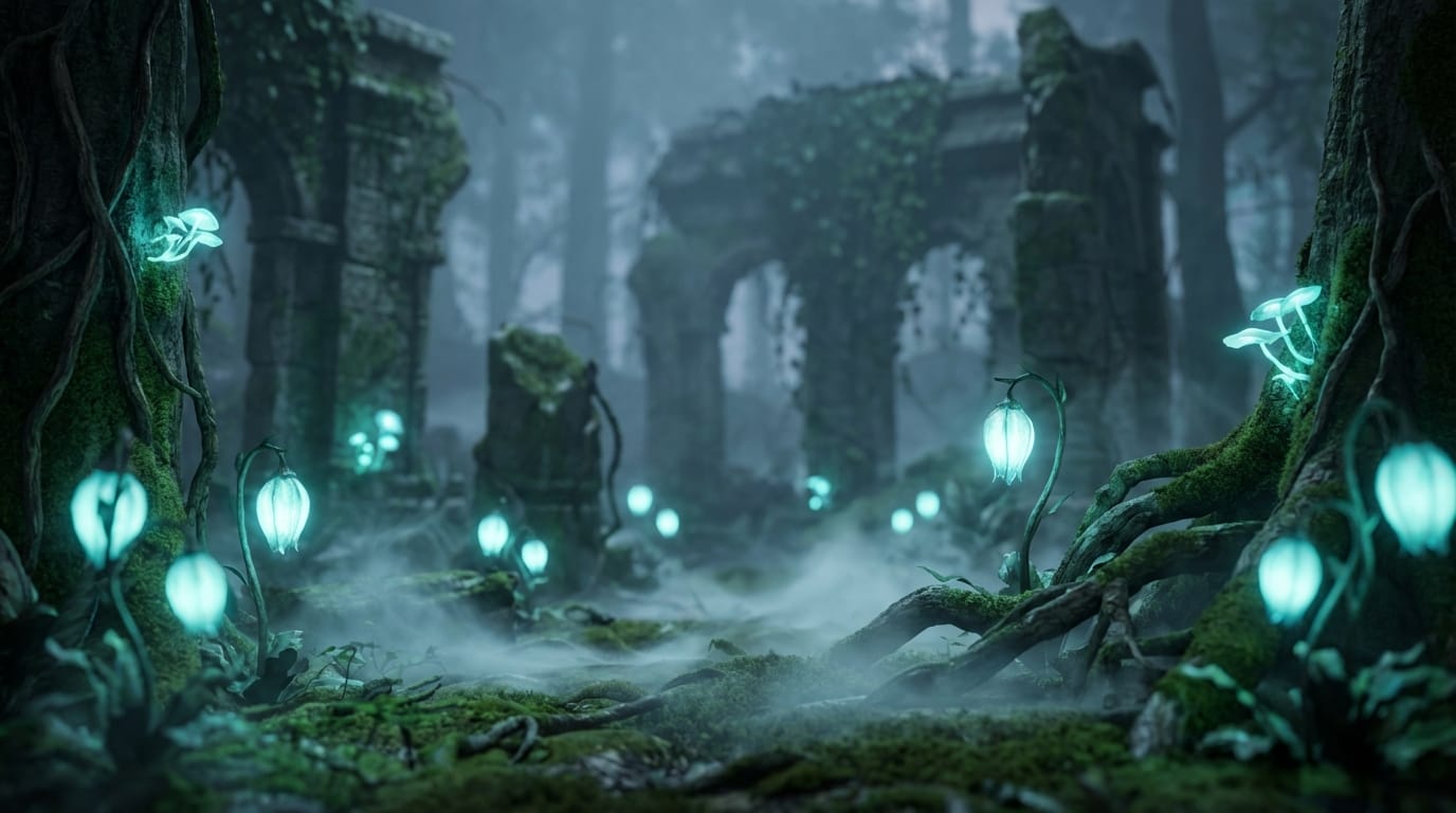 Cinematic tracking shot, a glowing mystical forest at twilight. Floating luminous plants emitting soft cyan light. Ancient moss-covered ruins in the background. Ethereal mist rolling over the ground. Shallow depth of field, highly detailed, 4k resolution, fantasy style.